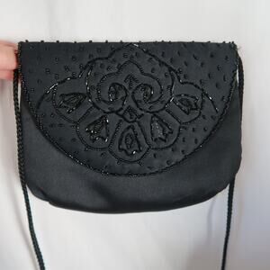 Vintage 90s Black Satin Beaded Purse Crossbody Evening Bag Clutch